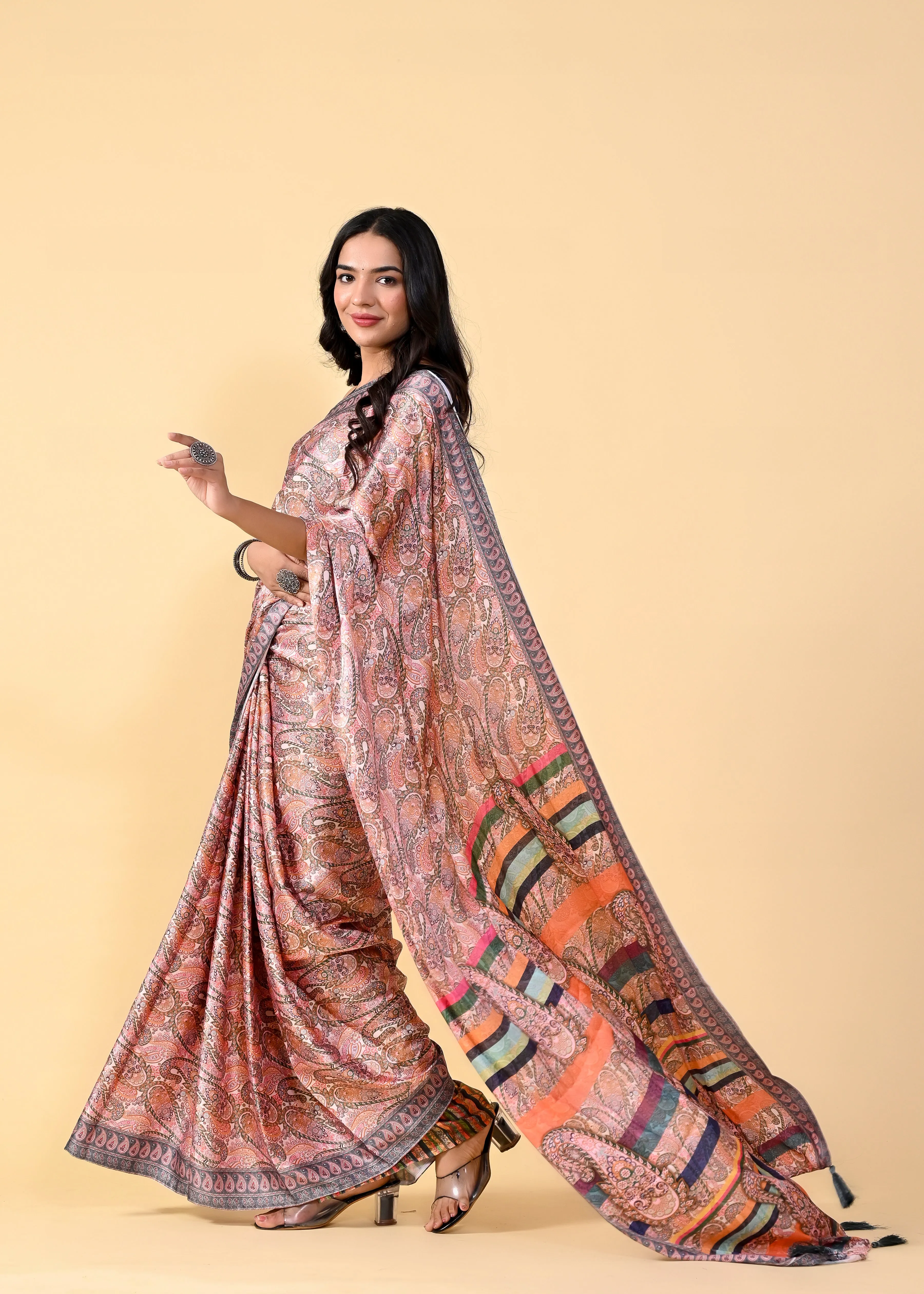 Multicolor Kalamkari Digital Printed Heavy Satin Silk Saree with Silk Blouse