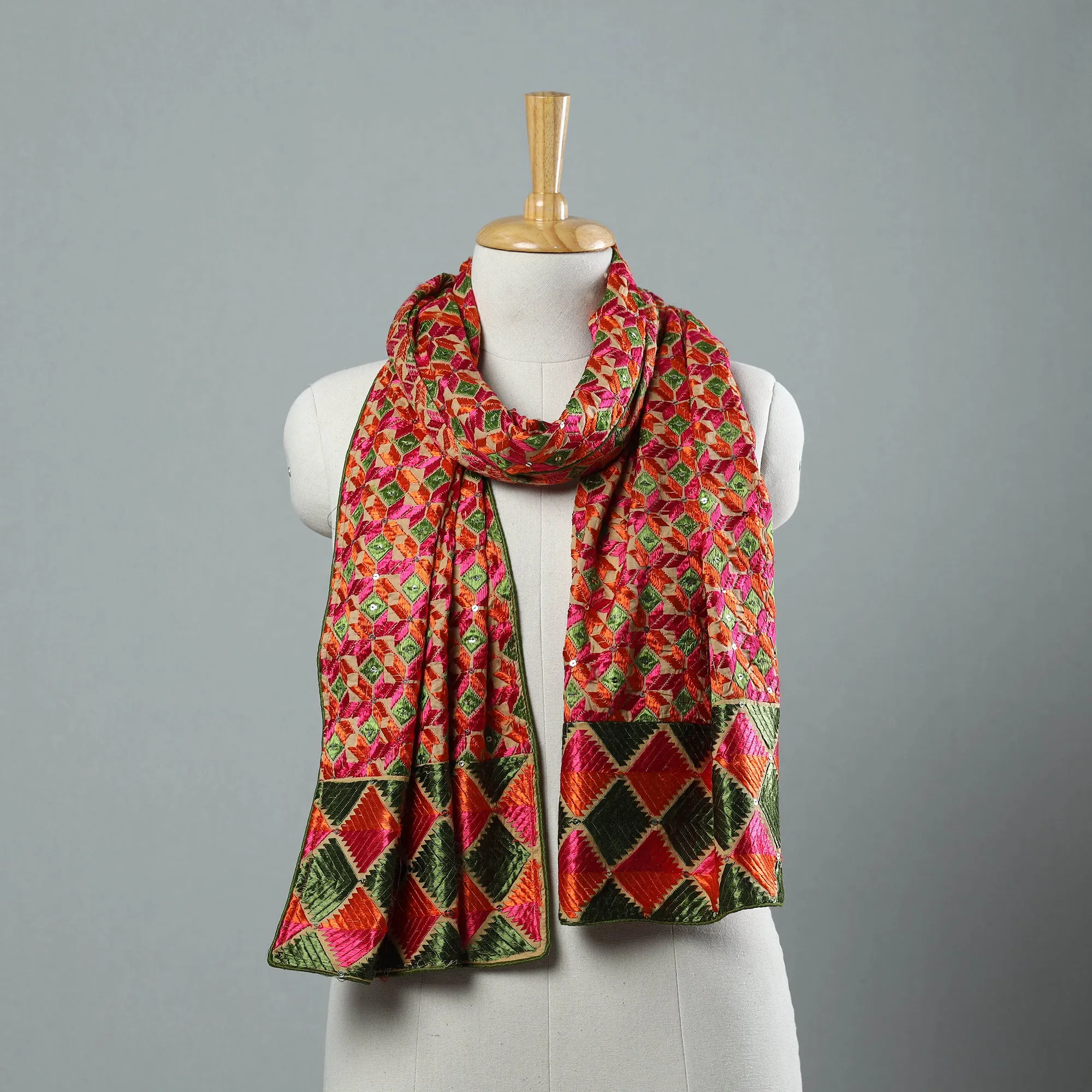 Multicolor - Phulkari Silk Cotton Embroidered Stole 01