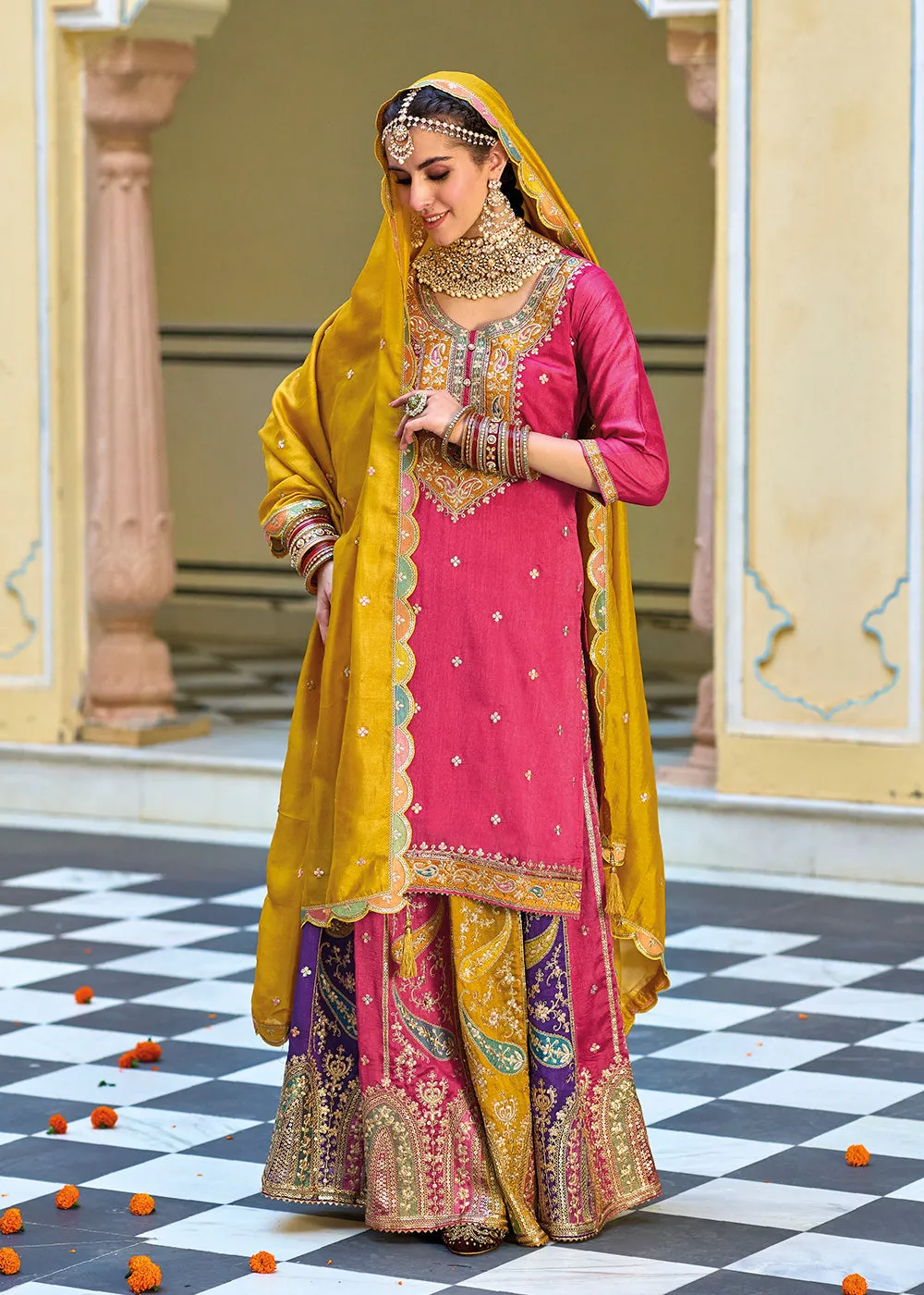 Multicolor Pink Premium Silk Kurti Style Lehenga Suit