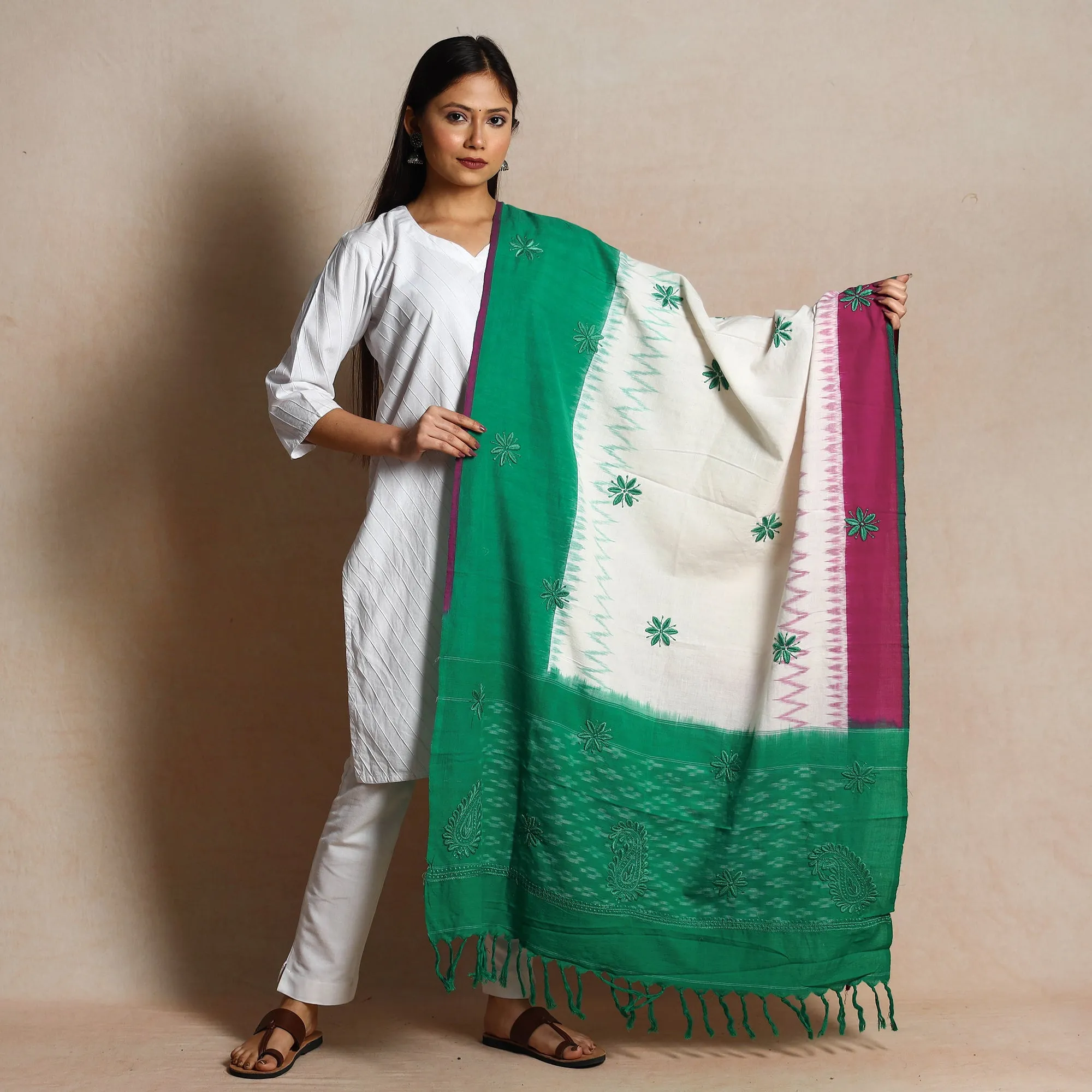 Multicolor - Special Chikankari Hand Embroidery Ikat Cotton Dupatta