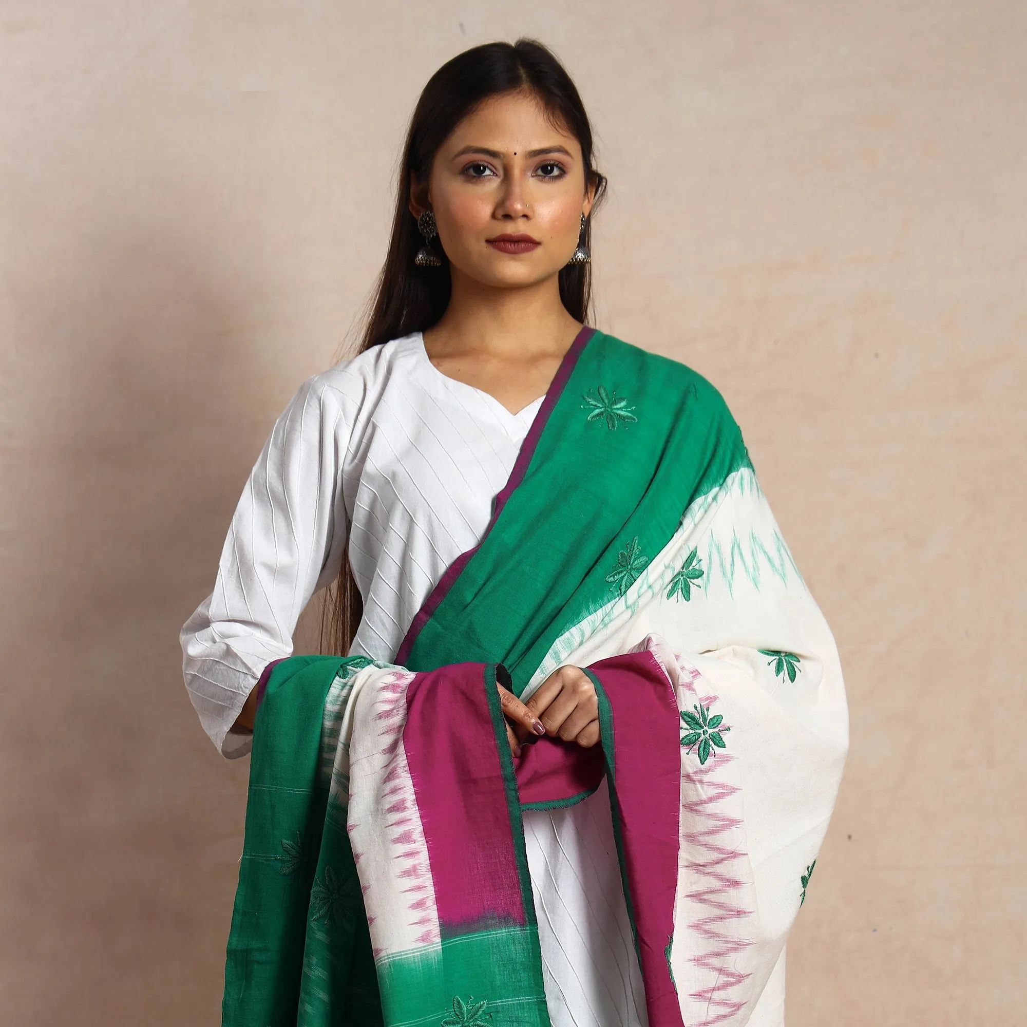 Multicolor - Special Chikankari Hand Embroidery Ikat Cotton Dupatta