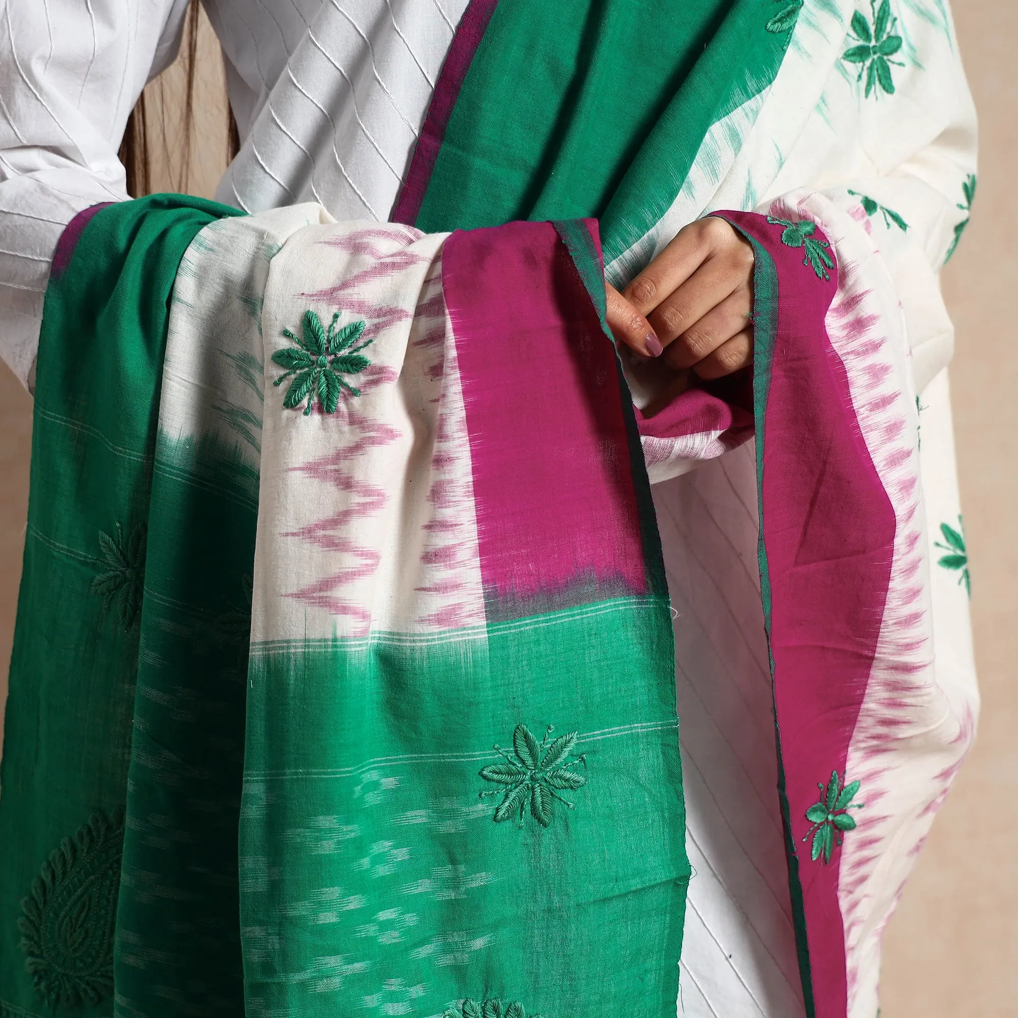 Multicolor - Special Chikankari Hand Embroidery Ikat Cotton Dupatta