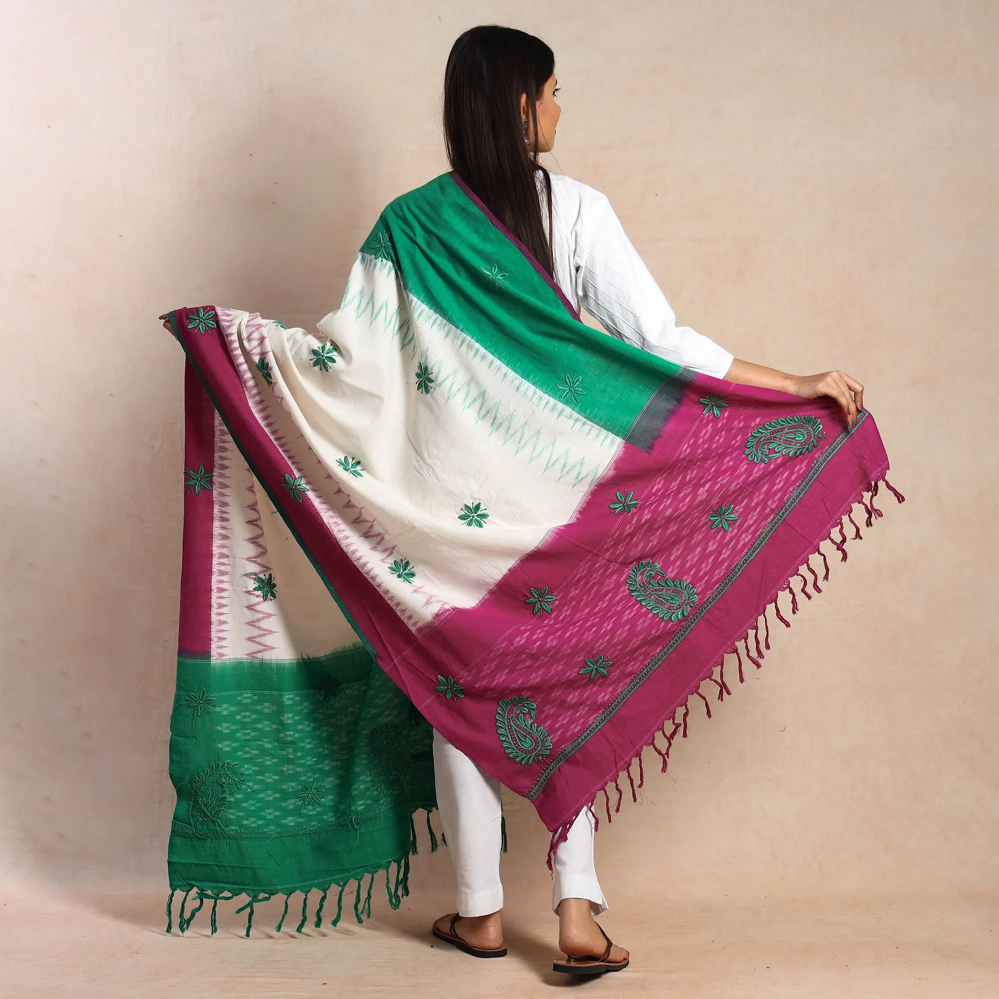 Multicolor - Special Chikankari Hand Embroidery Ikat Cotton Dupatta