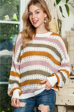 Multicolor Striped Hollowed Knitted Loose Sweater