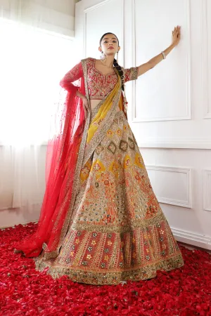 Multicolour Raw Silk lehenga With mirror and applique Work