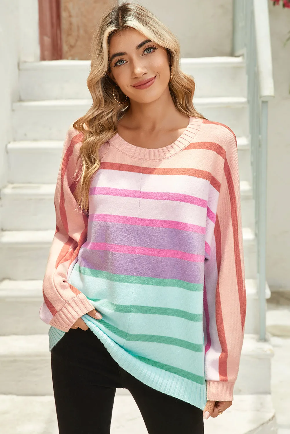 Multicolour Striped Ribbed Edge Gradient Loose Sweater