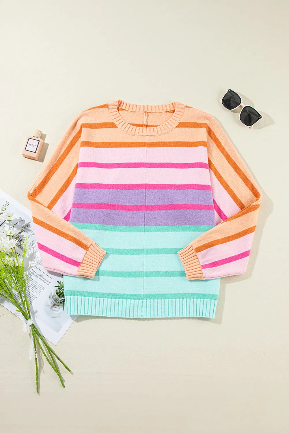 Multicolour Striped Ribbed Edge Gradient Loose Sweater