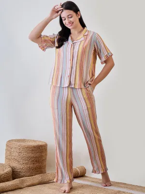 Multicoloured Viscose Crinkled Striped Pyjama Set