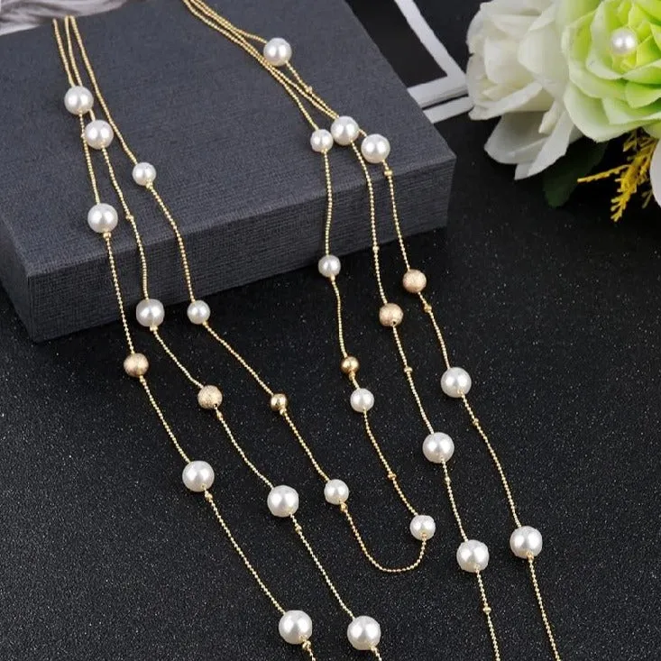 Multilayer Imitation Simulated-pearls Long Chains Necklace for Women as Party Accessories