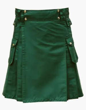 Multiple pockets in a green utility kilt