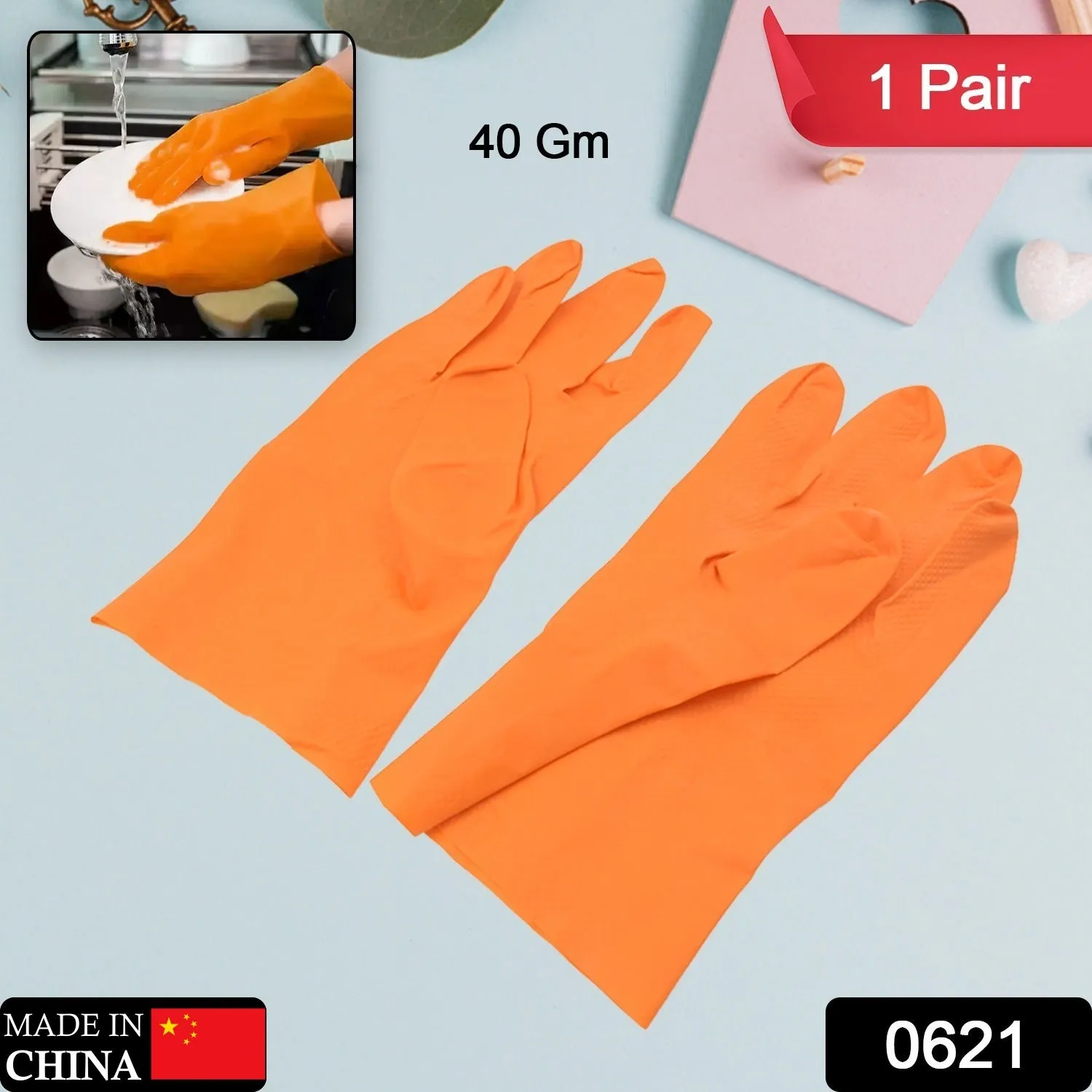 Multipurpose Rubber Reusable Cleaning Gloves, Reusable Rubber Hand Gloves I Latex Safety Gloves I for Washing I Cleaning Kitchen I Gardening I Sanitation I Wet and Dry Use Orange Gloves (1 Pair 40 Gm)