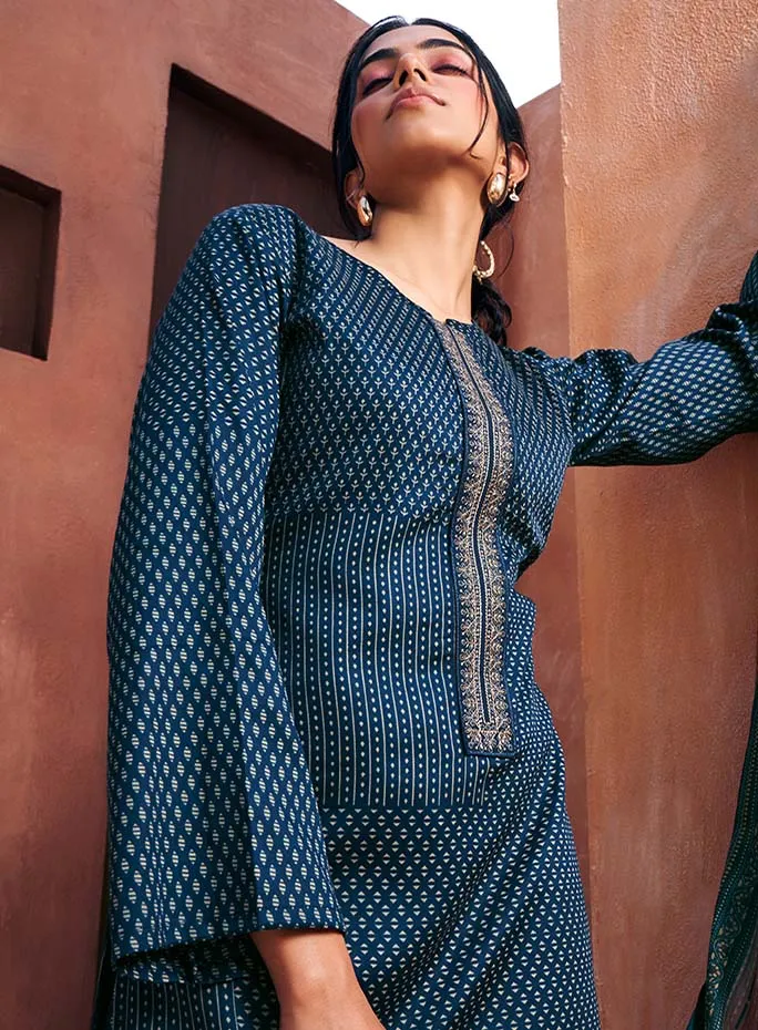 Mumtaz Arts Blue Cotton Satin Unstitched Suit Material with Embroidery