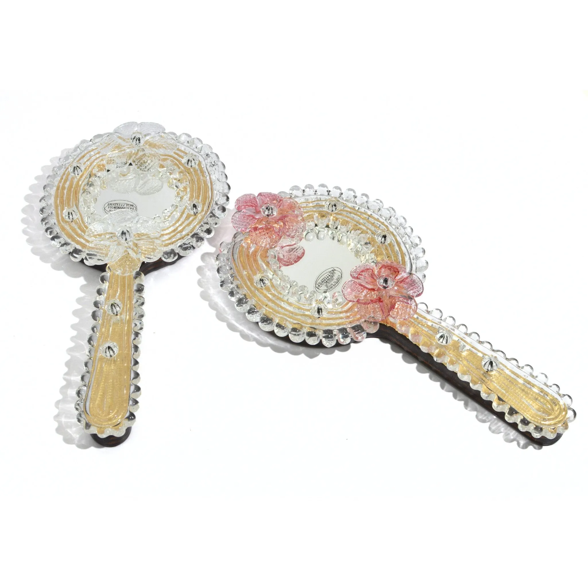 Murano Glass Hand Mirrors, Pink or Clear Flowers, Made in Italy