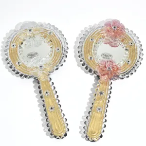 Murano Glass Hand Mirrors, Pink or Clear Flowers, Made in Italy