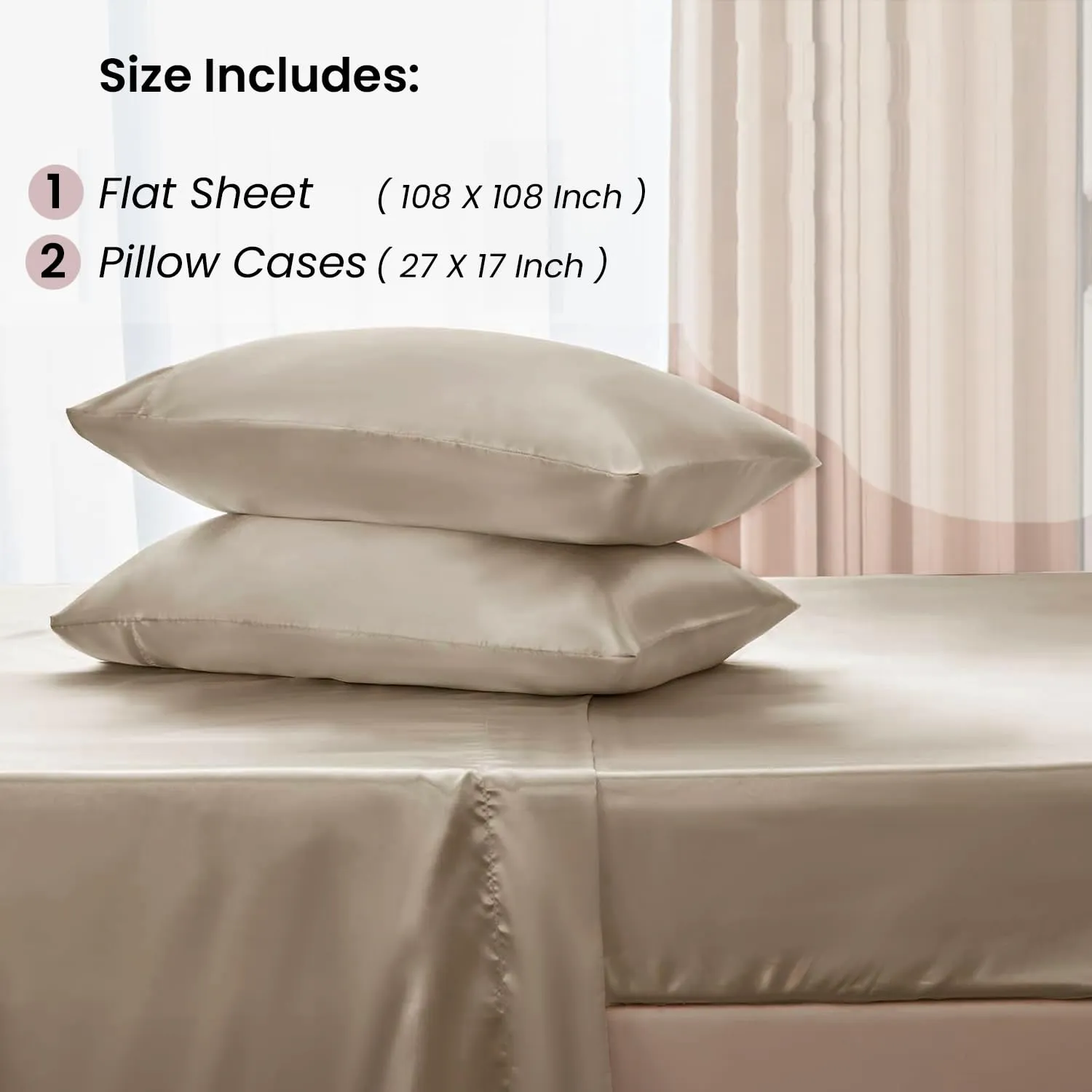 Mush 400TC Luxurious Satin Silk King Size Flat Sheet with 2 Pillow Covers - Silky Soft, Skin-Friendly, Breathable, Durable Premium Bedding | 108 X 108 Inches (Royal Beige, King Flat)