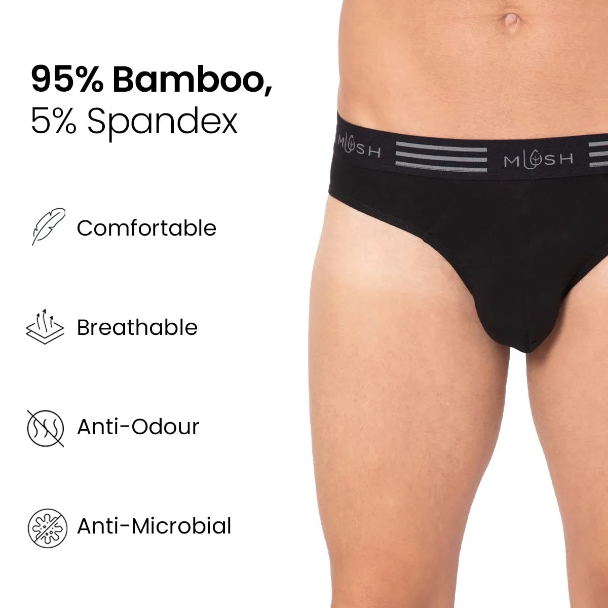 Mush Ultra Soft, Breathable, Feather Light Men's Bamboo Brief || Naturally Anti-Odor and Anti-Microbial Bamboo Innerwear Pack of 3 (M, Black)