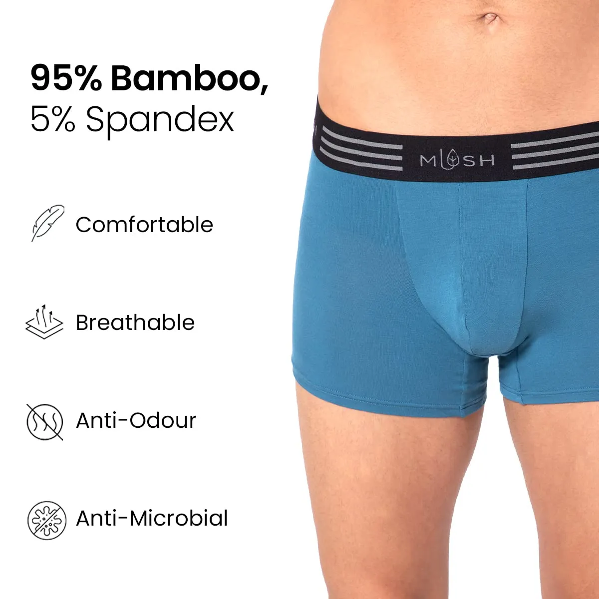 Mush Ultra Soft, Breathable, Feather Light Men's Bamboo Trunk || Naturally Anti-Odor and Anti-Microbial Bamboo Innerwear Pack of 2 (M, Blue and White)