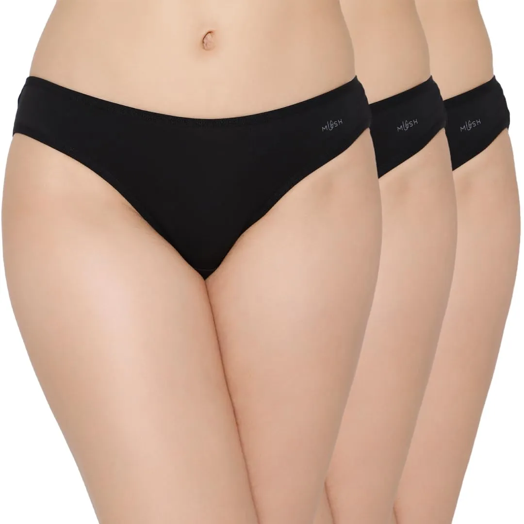 Mush Womens Ultra Soft Bamboo Modal Bikini Brief || Breathable Panties || Anti-Odor, Seamless, Anti Microbial Innerwear (M- Pack of 3, Black Color)