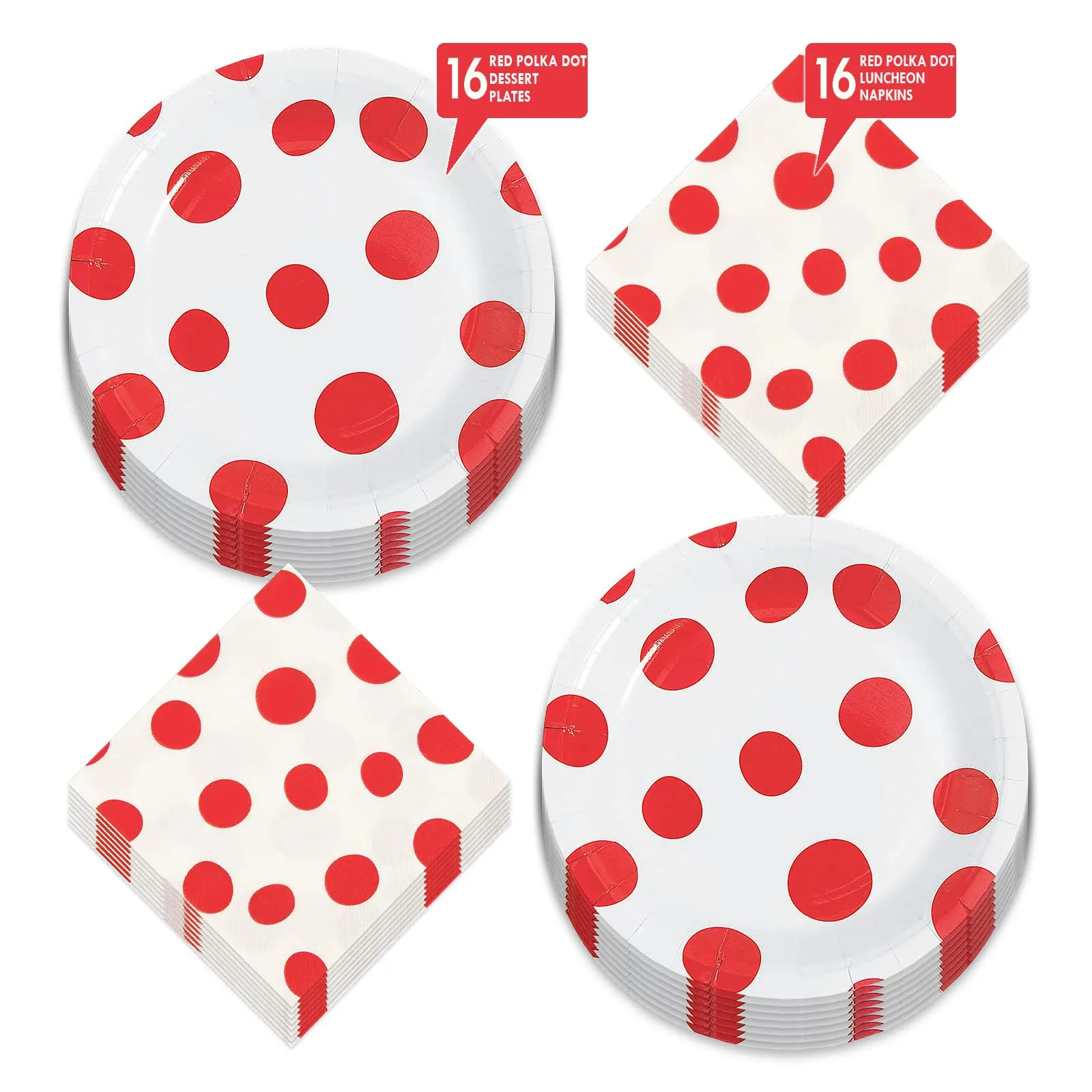 Mushroom Dot Red and White Paper Dessert Plates and Napkins (Serves 16)