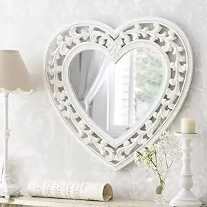 MUSKAN ARTS Solid Wooden Handcarved Heart Shape Mirror Frame with Mirror for Living Room, Bedroom, Bathroom & Home, White Colour, (d2.54 x w50.8 x h53.34 cm)