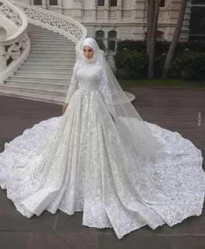 Muslim Hijab A-Line Wedding Dress Long Sleeves Luxury Lace Bridal Gown