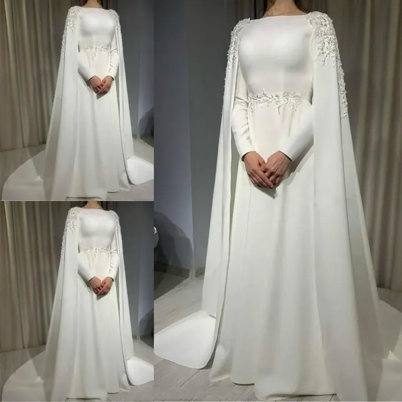 Muslim Wedding Dress with Cape Long Sleeves Satin Prom Dresses