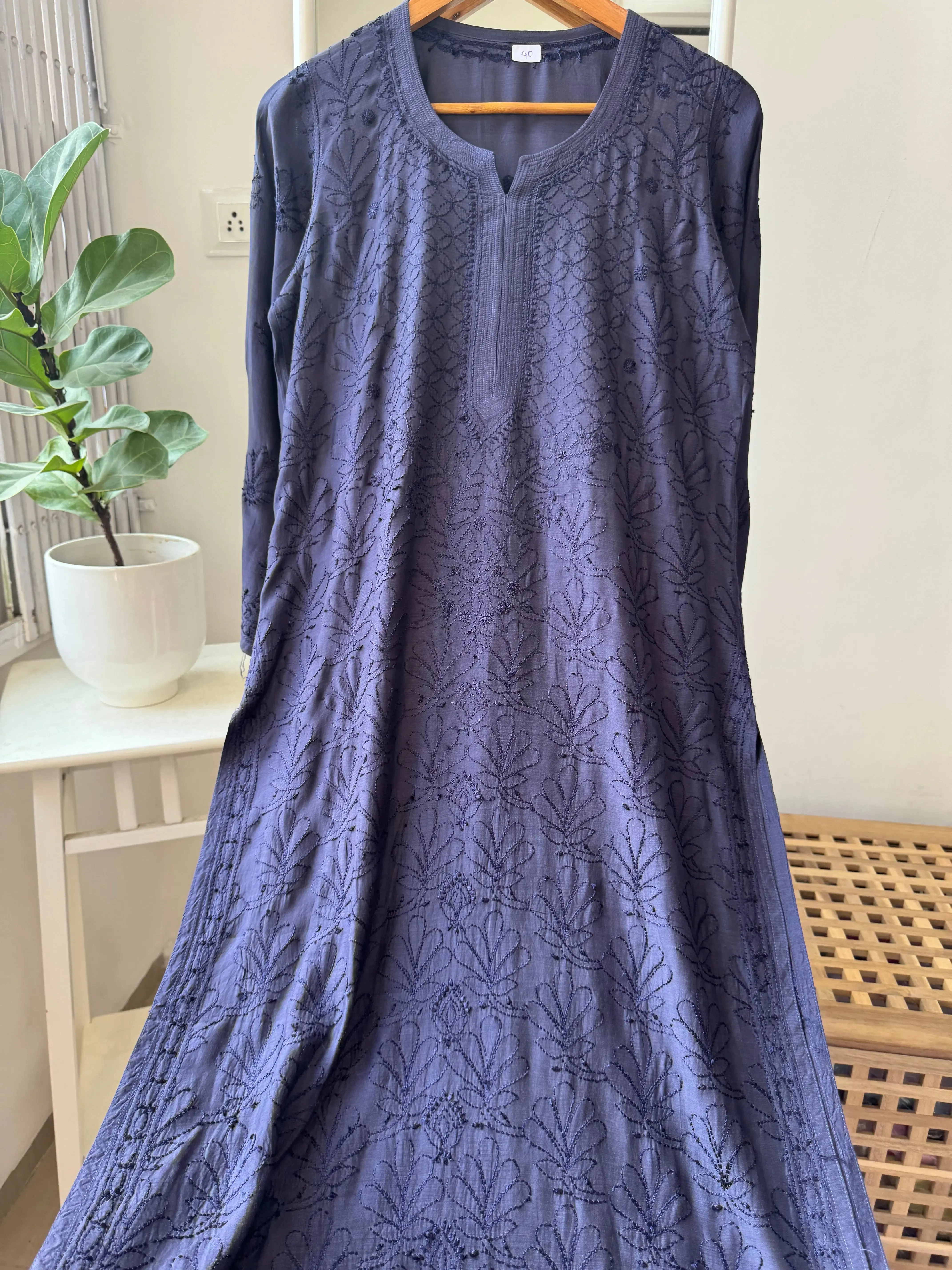 Muslin Chikankari Kurti - Dark Blue