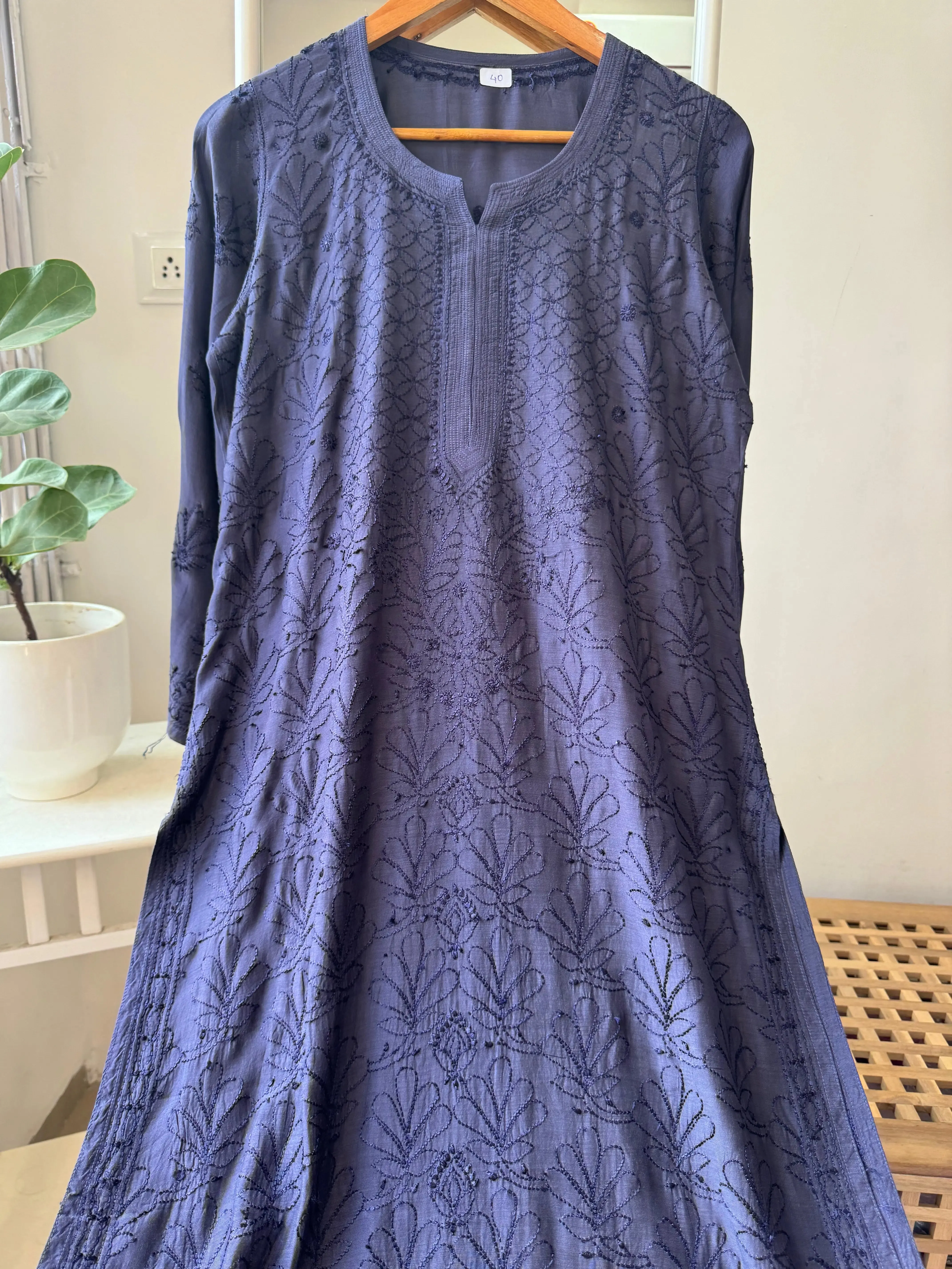 Muslin Chikankari Kurti - Dark Blue