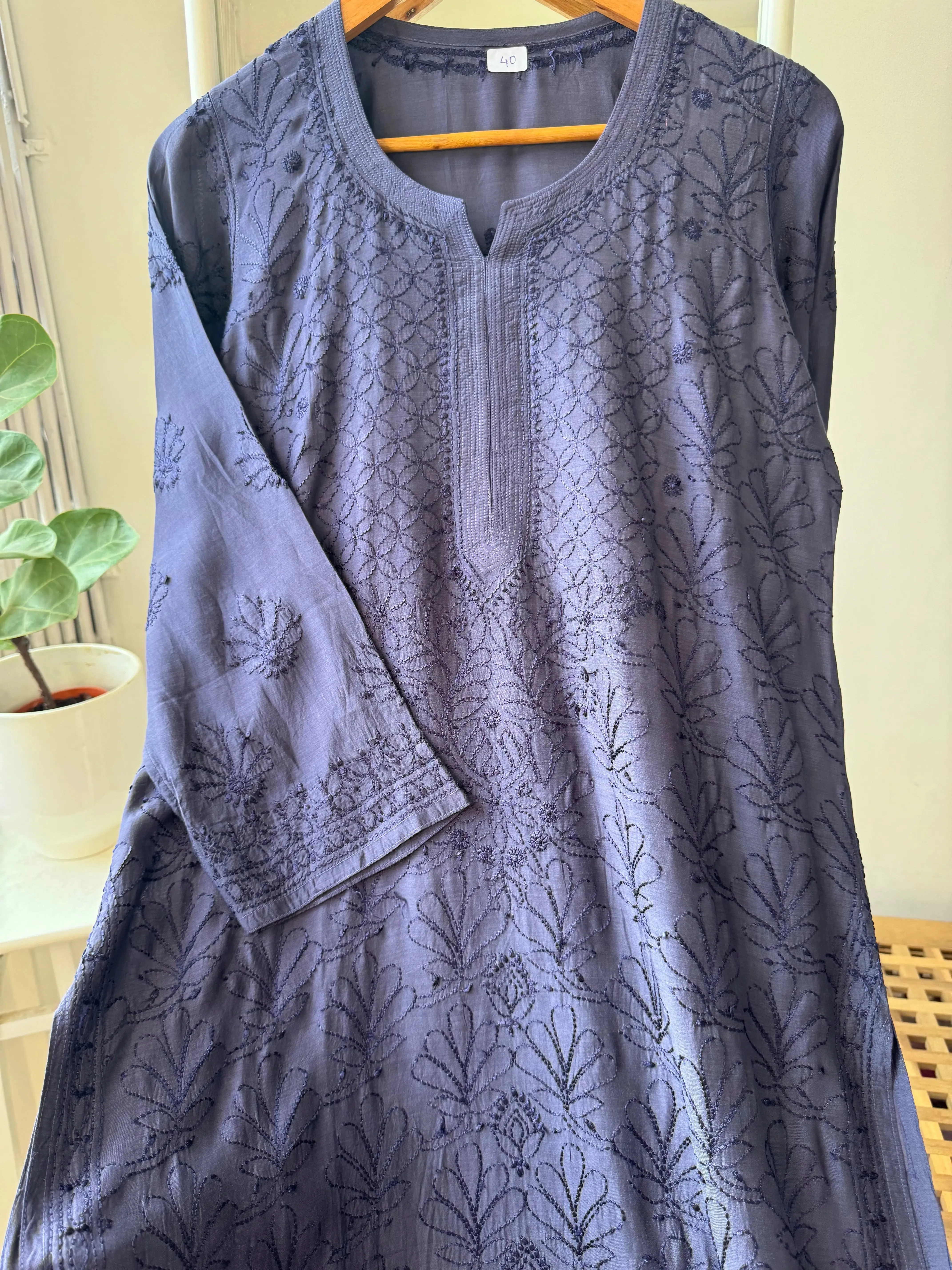 Muslin Chikankari Kurti - Dark Blue