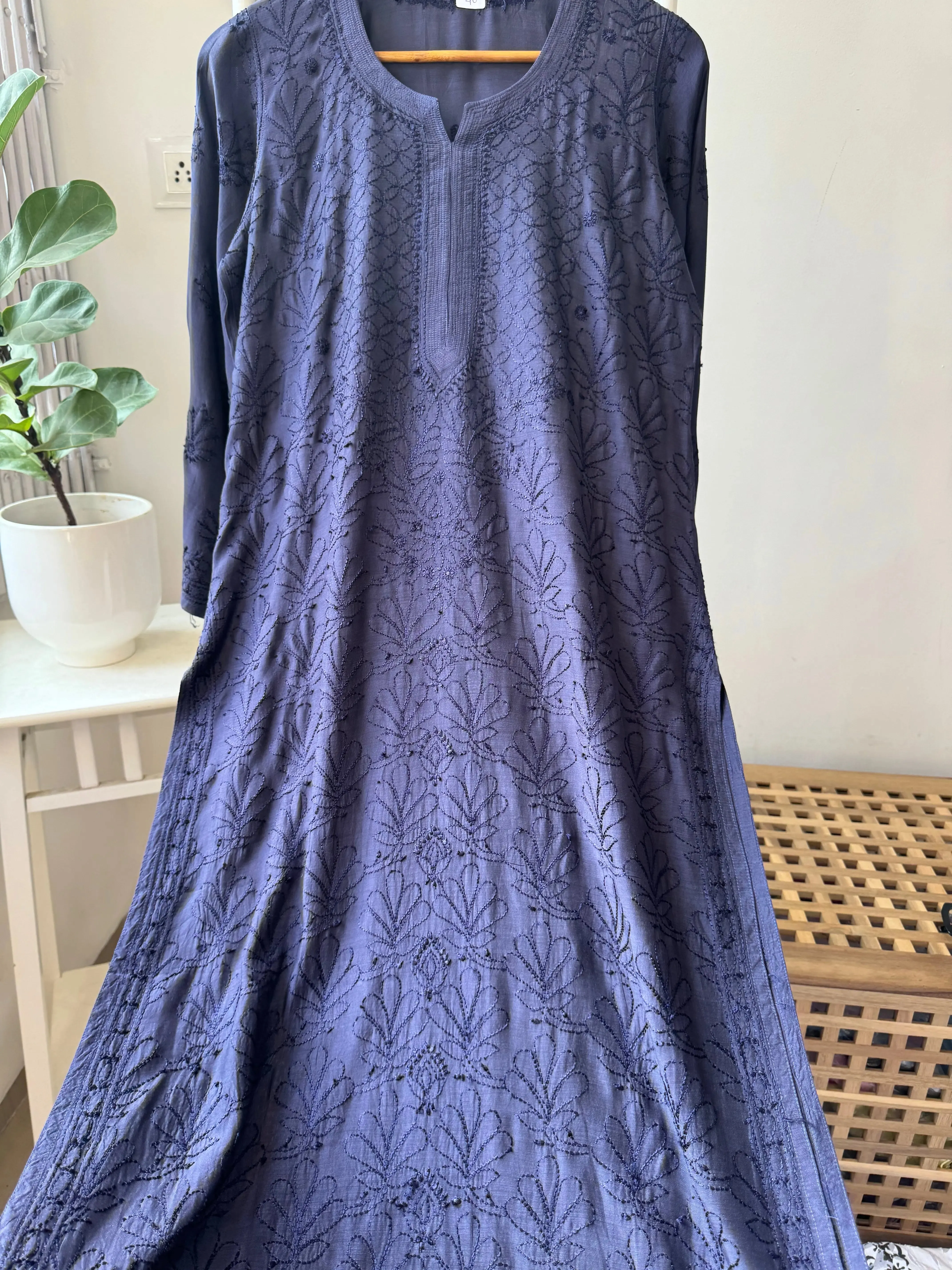 Muslin Chikankari Kurti - Dark Blue