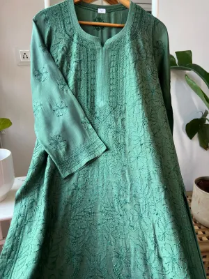 Muslin Chikankari Kurti - Dark Green