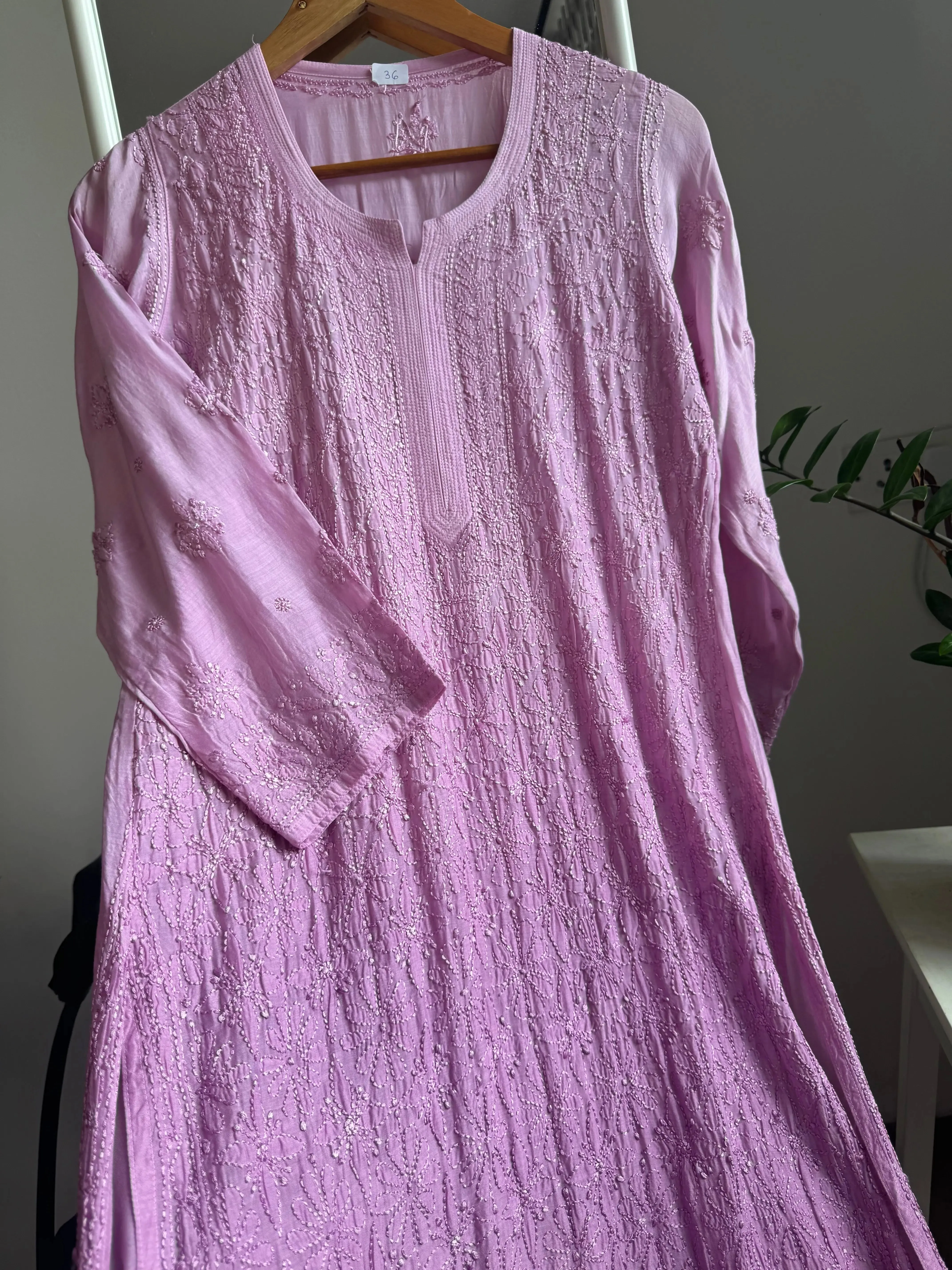 Muslin Chikankari Kurti - Lilac Ombre