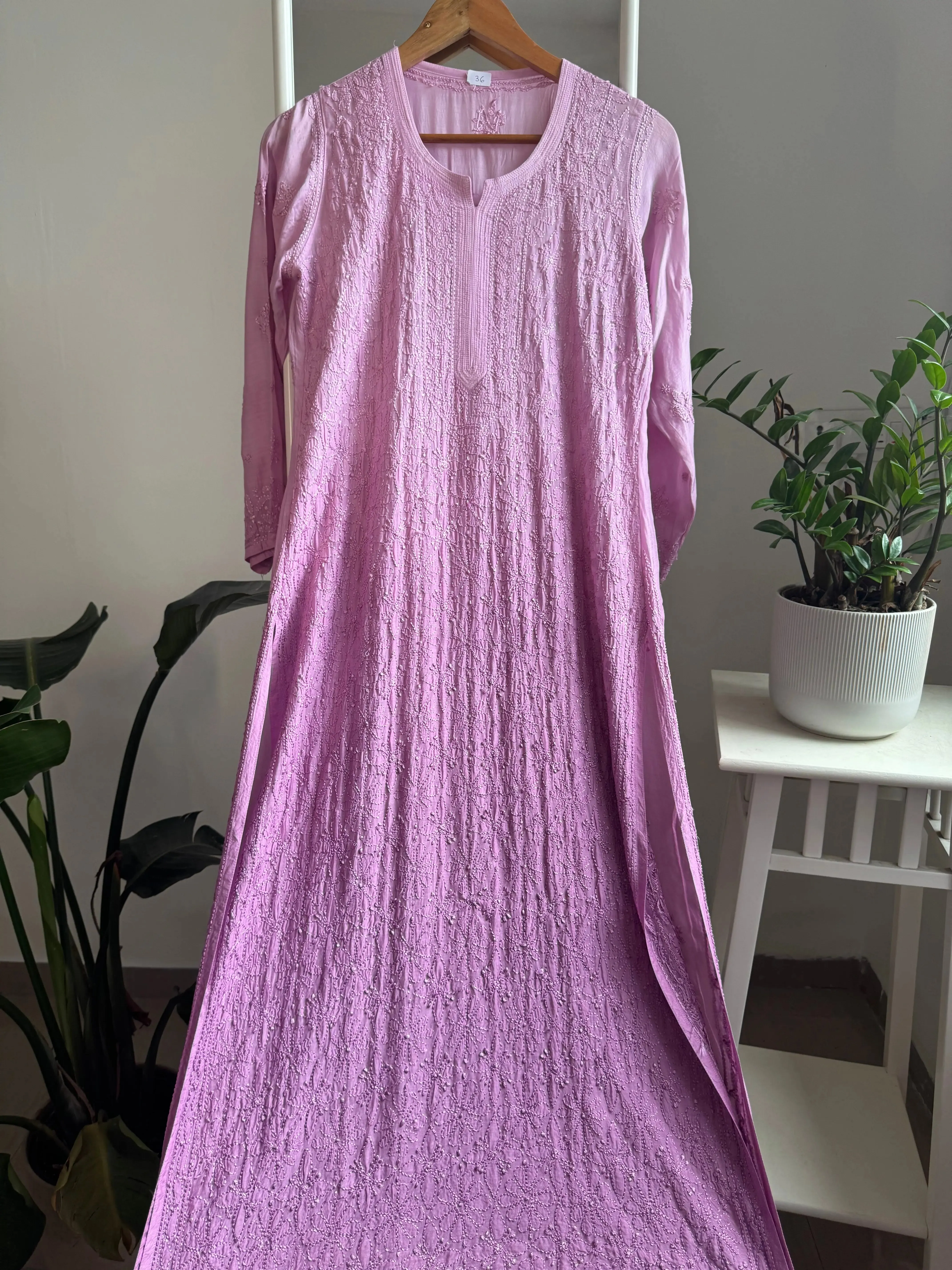 Muslin Chikankari Kurti - Lilac Ombre