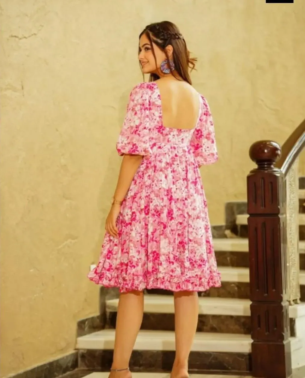 Muslin Cotton Pink Flower Classy Short Dress