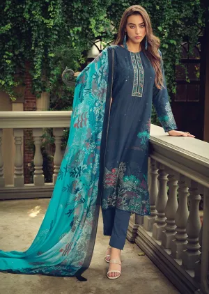 Muslin Silk Party Wear Unstitched Blue Suit Dress Material for Women