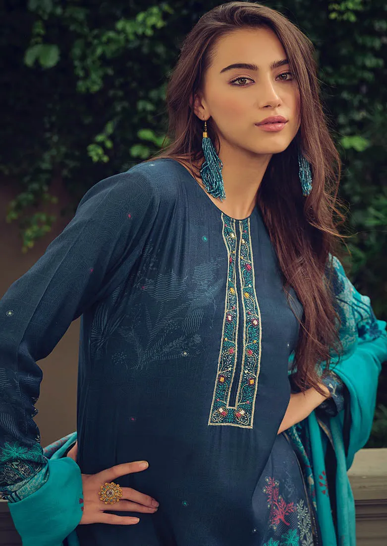 Muslin Silk Party Wear Unstitched Blue Suit Dress Material for Women