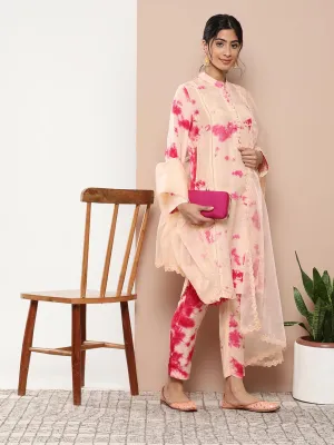 Muslin Tie And Dye Printed Kurta Pant Set With Organza Dupatta