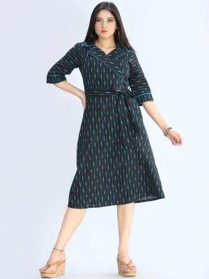 Musn - Handwoven Ikat Cotton Midi Tie Up Dress - D424F1444