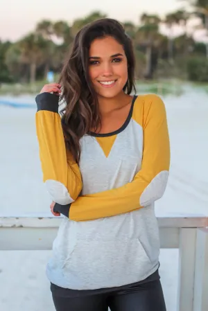 Mustard and Gray Color Block Pullover Top