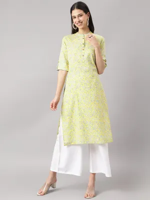 Mustard And Gray Cotton Katha Work Straight Kurta