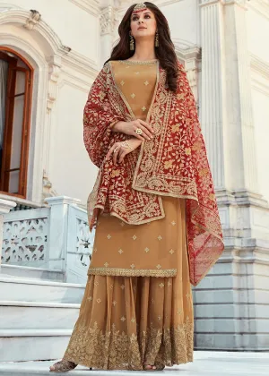 Mustard And Red Embroidered Gharara Suit