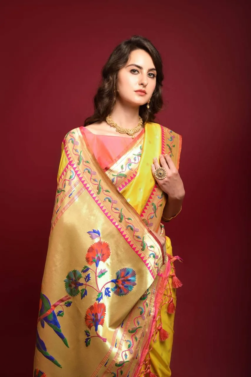 Mustard Banarasi Soft Silk Paithani Saree