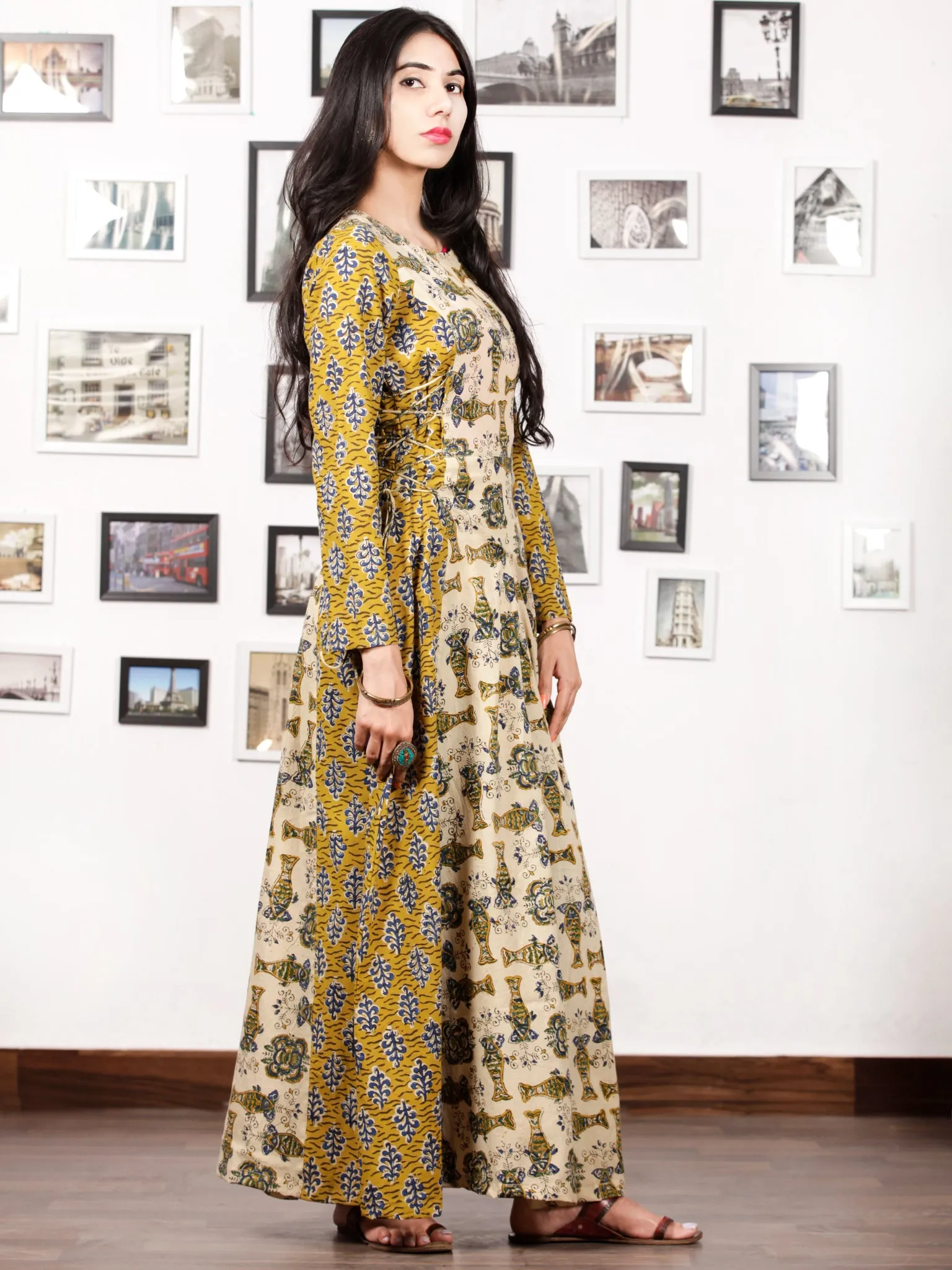 Mustard Beige Indigo Hand Block Printed Cotton Dress With Tie Up Detail At Waist -  D176F1060