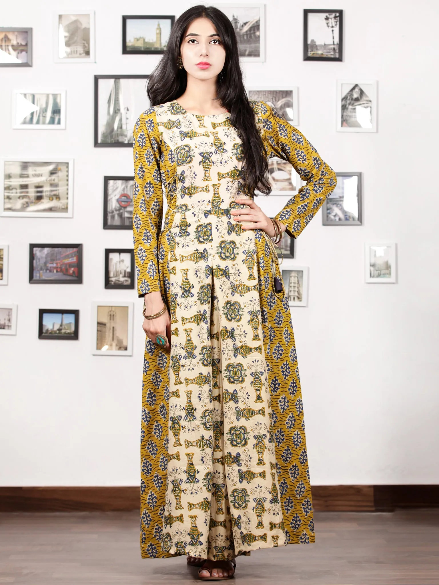 Mustard Beige Indigo Hand Block Printed Cotton Dress With Tie Up Detail At Waist -  D176F1060