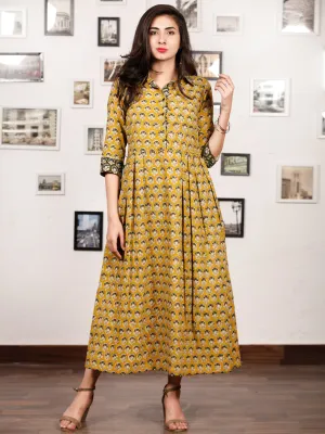 MUSTARD BLOOM - Hand Block Printed Cotton Long Dress  - D329F1735