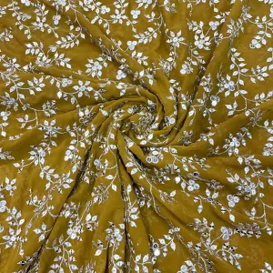 Mustard Brown Leaf Embroidery Sequins Georgette Fabric