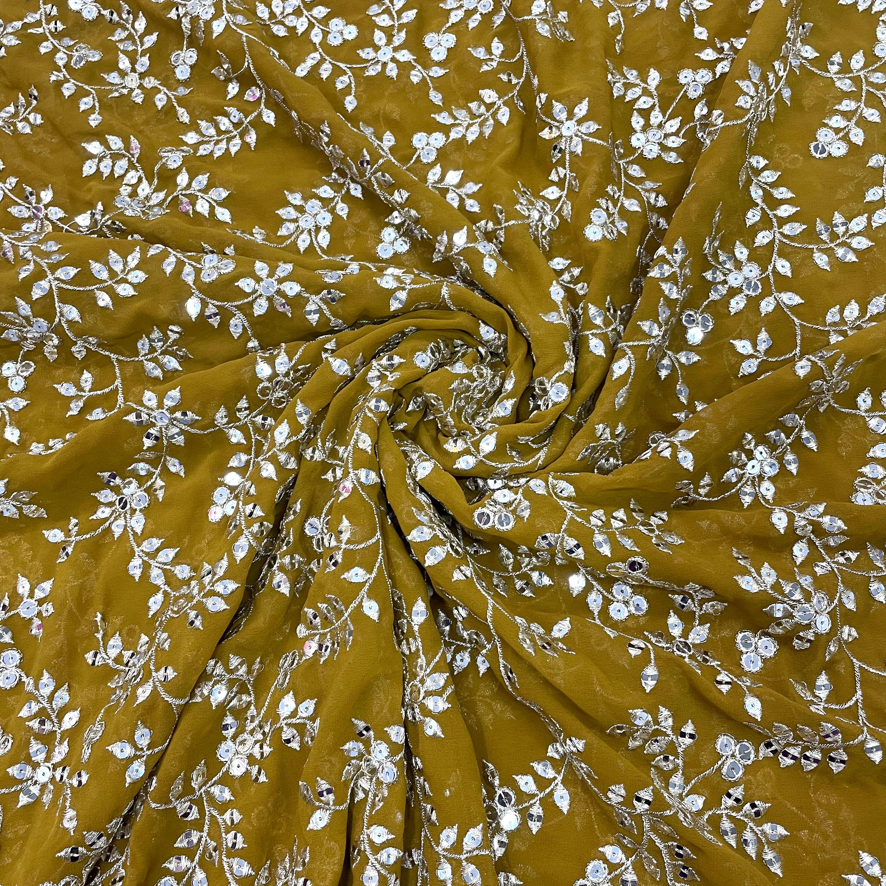 Mustard Brown Leaf Embroidery Sequins Georgette Fabric