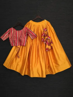 Mustard Color Plain Pure Cotton Lehenga With Crop-Top