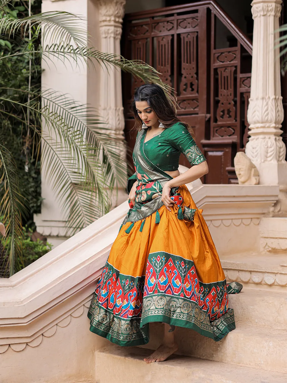 Mustard Color Printed With Foil Work Dola Silk Lehenga Choli