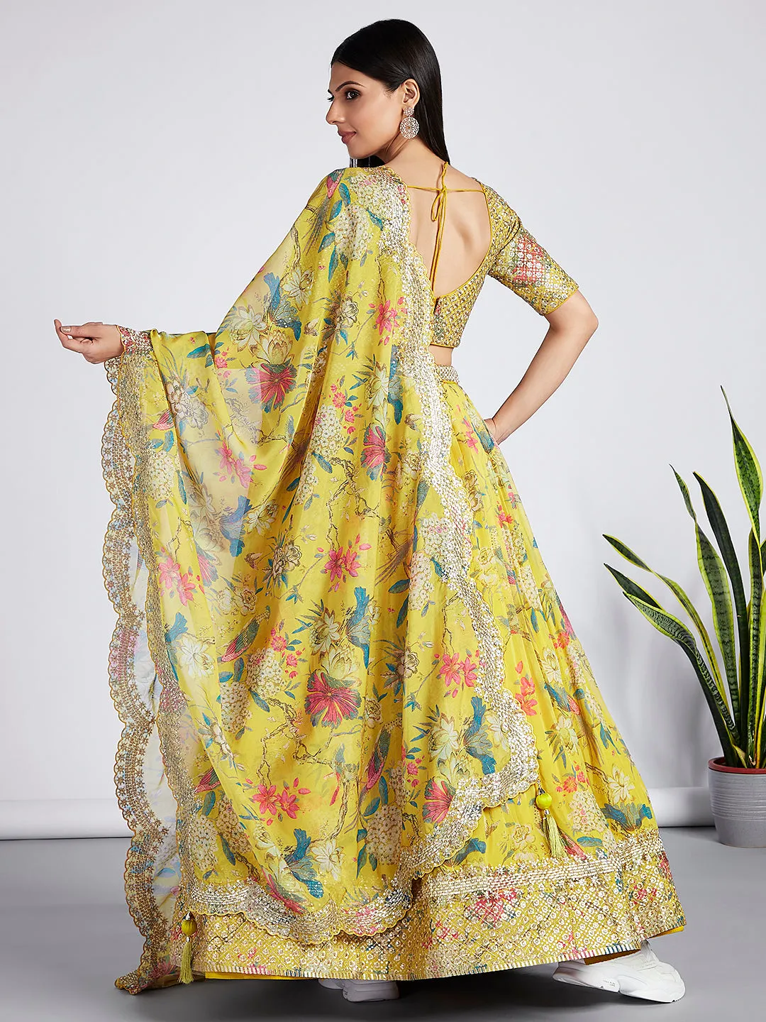 Mustard colour Organza Floral design digital print Semi-Stitched Lehenga choli & Dupatta